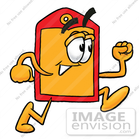 #26438 Clip Art Graphic of a Red and Yellow Sales Price Tag Cartoon Character Running by toons4biz
