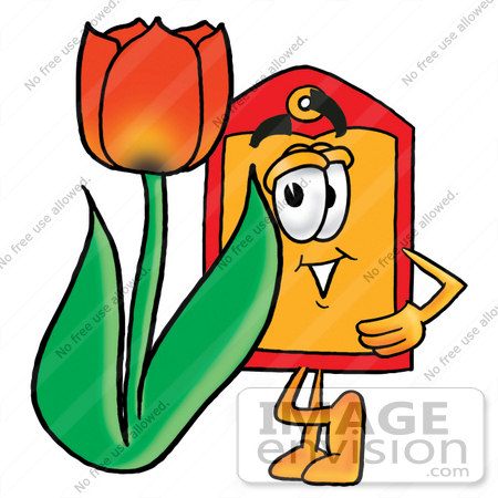 #26440 Clip Art Graphic of a Red and Yellow Sales Price Tag Cartoon Character With a Red Tulip Flower in the Spring by toons4biz
