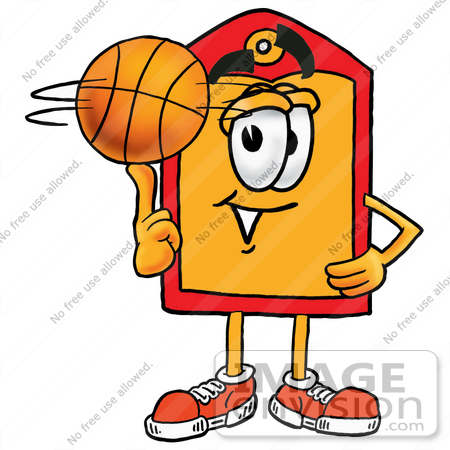 #26441 Clip Art Graphic of a Red and Yellow Sales Price Tag Cartoon Character Spinning a Basketball on His Finger by toons4biz