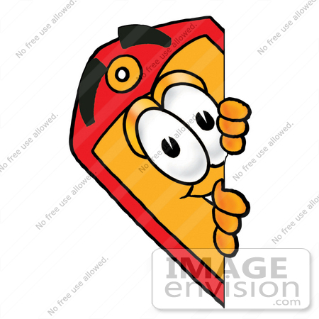 #26443 Clip Art Graphic of a Red and Yellow Sales Price Tag Cartoon Character Peeking Around a Corner by toons4biz