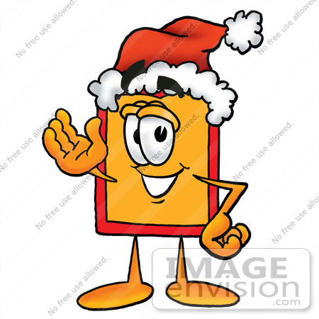 #26446 Clip Art Graphic of a Red and Yellow Sales Price Tag Cartoon Character Wearing a Santa Hat and Waving by toons4biz