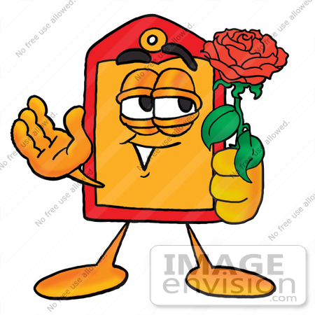 #26447 Clip Art Graphic of a Red and Yellow Sales Price Tag Cartoon Character Holding a Red Rose on Valentines Day by toons4biz