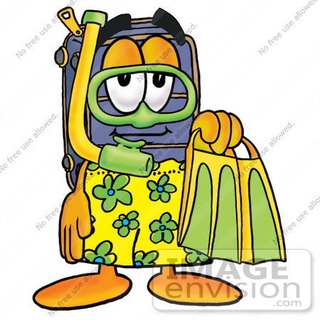 #26448 Clip Art Graphic of a Suitcase Luggage Cartoon Character in Green and Yellow Snorkel Gear by toons4biz