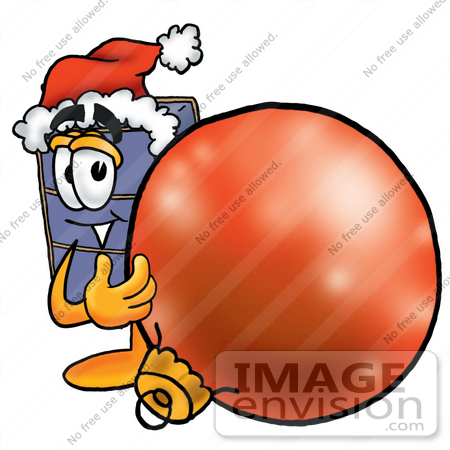 #26450 Clip Art Graphic of a Suitcase Luggage Cartoon Character Wearing a Santa Hat, Standing With a Christmas Bauble by toons4biz