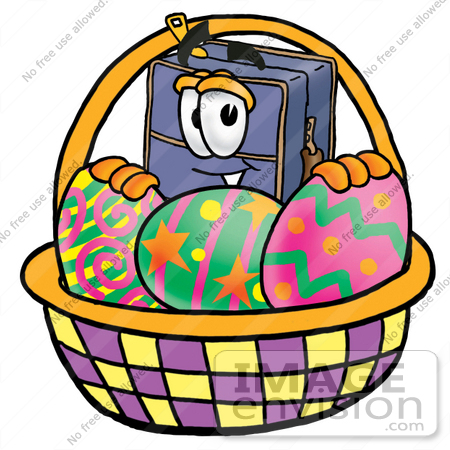 #26451 Clip Art Graphic of a Suitcase Luggage Cartoon Character in an Easter Basket Full of Decorated Easter Eggs by toons4biz