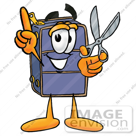 #26452 Clip Art Graphic of a Suitcase Luggage Cartoon Character Holding a Pair of Scissors by toons4biz
