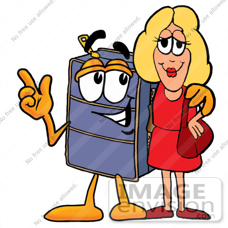 #26453 Clip Art Graphic of a Suitcase Luggage Cartoon Character Talking to a Pretty Blond Woman by toons4biz