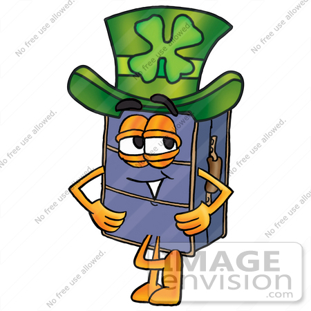#26455 Clip Art Graphic of a Suitcase Luggage Cartoon Character Wearing a Saint Patricks Day Hat With a Clover on it by toons4biz