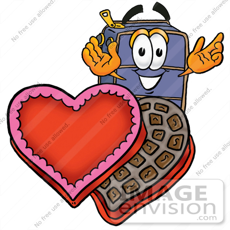 #26456 Clip Art Graphic of a Suitcase Luggage Cartoon Character With an Open Box of Valentines Day Chocolate Candies by toons4biz