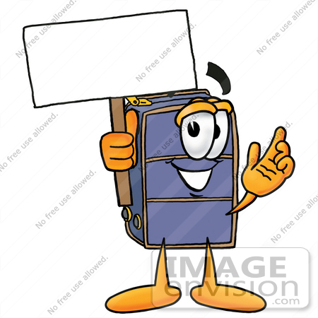 #26457 Clip Art Graphic of a Suitcase Luggage Cartoon Character Holding a Blank Sign by toons4biz