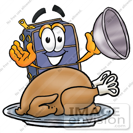 #26461 Clip Art Graphic of a Suitcase Luggage Cartoon Character Serving a Thanksgiving Turkey on a Platter by toons4biz