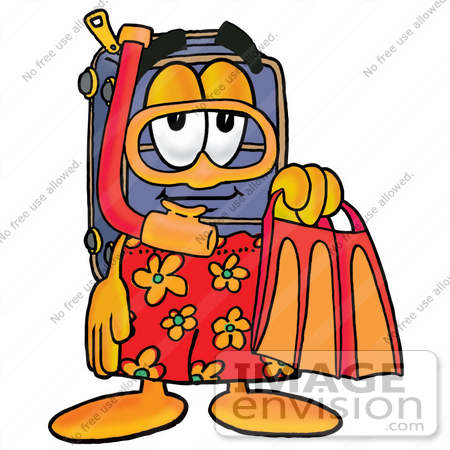 #26462 Clip Art Graphic of a Suitcase Luggage Cartoon Character in Orange and Red Snorkel Gear by toons4biz
