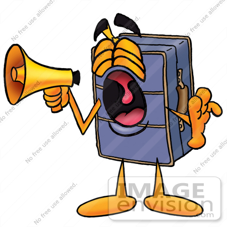 #26464 Clip Art Graphic of a Suitcase Luggage Cartoon Character Screaming Into a Megaphone by toons4biz