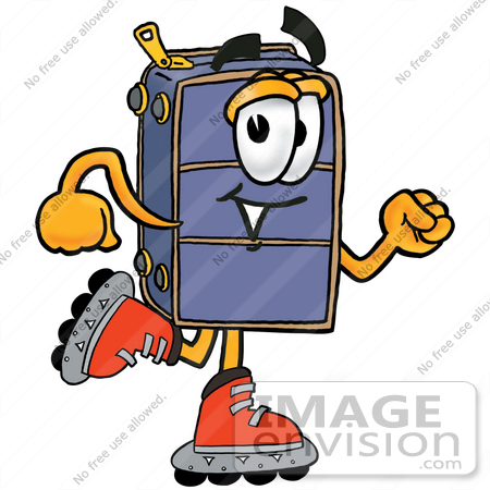 #26465 Clip Art Graphic of a Suitcase Luggage Cartoon Character Roller Blading on Inline Skates by toons4biz