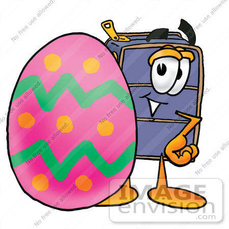 #26467 Clip Art Graphic of a Suitcase Luggage Cartoon Character Standing Beside an Easter Egg by toons4biz