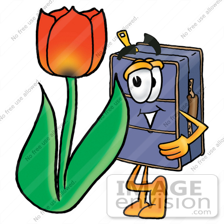 #26468 Clip Art Graphic of a Suitcase Luggage Cartoon Character With a Red Tulip Flower in the Spring by toons4biz
