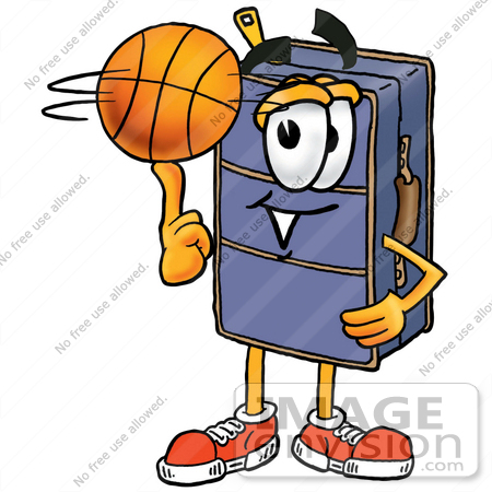 #26471 Clip Art Graphic of a Suitcase Luggage Cartoon Character Spinning a Basketball on His Finger by toons4biz