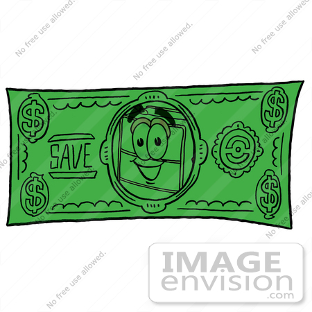 #26474 Clip Art Graphic of a Suitcase Luggage Cartoon Character on a Dollar Bill by toons4biz