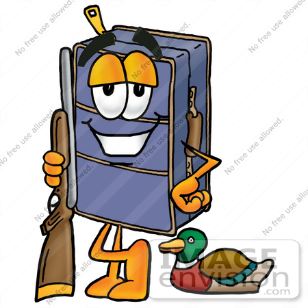 #26475 Clip Art Graphic of a Suitcase Luggage Cartoon Character Duck Hunting, Standing With a Rifle and Duck by toons4biz