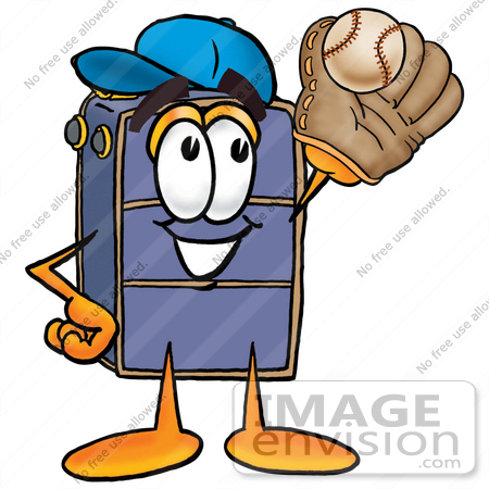 #26476 Clip Art Graphic of a Suitcase Luggage Cartoon Character Catching a Baseball With a Glove by toons4biz