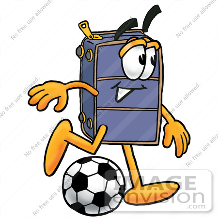 #26477 Clip Art Graphic of a Suitcase Luggage Cartoon Character Kicking a Soccer Ball by toons4biz