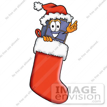 #26479 Clip Art Graphic of a Suitcase Luggage Cartoon Character Wearing a Santa Hat Inside a Red Christmas Stocking by toons4biz
