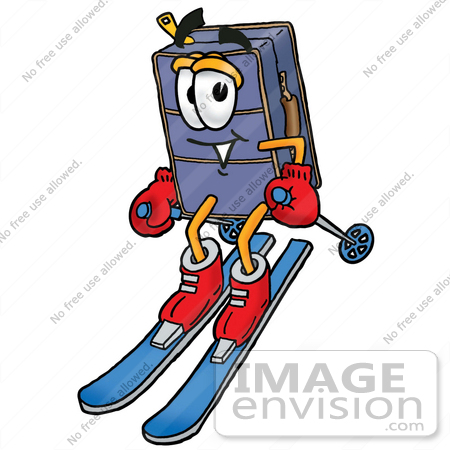 #26482 Clip Art Graphic of a Suitcase Luggage Cartoon Character Skiing Downhill by toons4biz