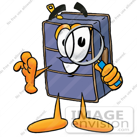 #26484 Clip Art Graphic of a Suitcase Luggage Cartoon Character Looking Through a Magnifying Glass by toons4biz