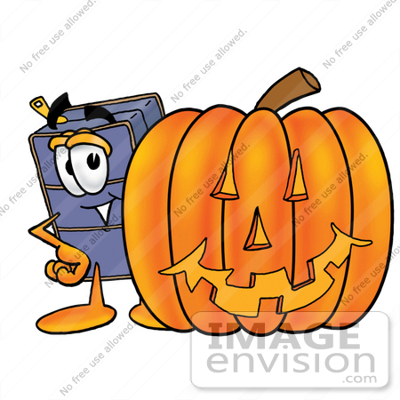#26485 Clip Art Graphic of a Suitcase Luggage Cartoon Character With a Carved Halloween Pumpkin by toons4biz