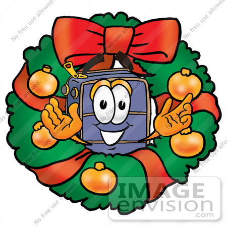 #26486 Clip Art Graphic of a Suitcase Luggage Cartoon Character in the Center of a Christmas Wreath by toons4biz