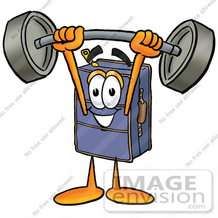 #26487 Clip Art Graphic of a Suitcase Luggage Cartoon Character Holding a Heavy Barbell Above His Head by toons4biz