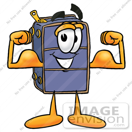 #26488 Clip Art Graphic of a Suitcase Luggage Cartoon Character Flexing His Arm Muscles by toons4biz