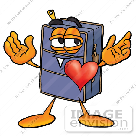 #26489 Clip Art Graphic of a Suitcase Luggage Cartoon Character With His Heart Beating Out of His Chest by toons4biz