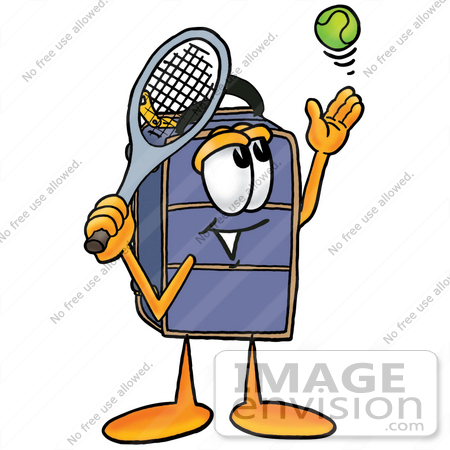 #26490 Clip Art Graphic of a Suitcase Luggage Cartoon Character Preparing to Hit a Tennis Ball by toons4biz