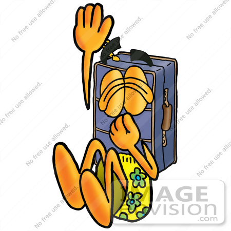 #26491 Clip Art Graphic of a Suitcase Luggage Cartoon Character Plugging His Nose While Jumping Into Water by toons4biz