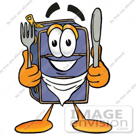 #26492 Clip Art Graphic of a Suitcase Luggage Cartoon Character Holding a Knife and Fork by toons4biz