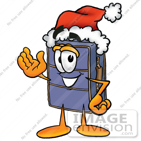 #26493 Clip Art Graphic of a Suitcase Luggage Cartoon Character Wearing a Santa Hat and Waving by toons4biz
