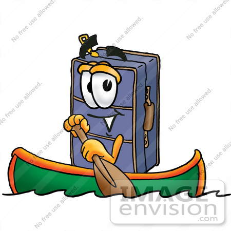 #26495 Clip Art Graphic of a Suitcase Luggage Cartoon Character Rowing a Boat by toons4biz