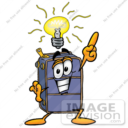 #26496 Clip Art Graphic of a Suitcase Luggage Cartoon Character With a Bright Idea by toons4biz