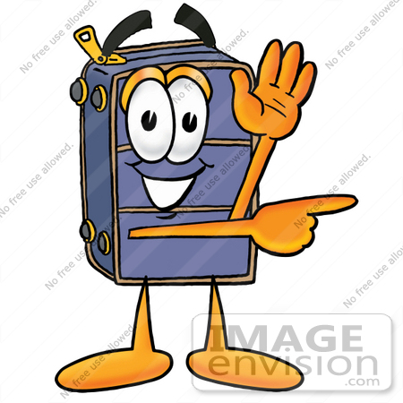 #26498 Clip Art Graphic of a Suitcase Luggage Cartoon Character Waving and Pointing by toons4biz