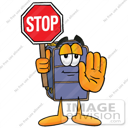 #26503 Clip Art Graphic of a Suitcase Luggage Cartoon Character Holding a Stop Sign by toons4biz