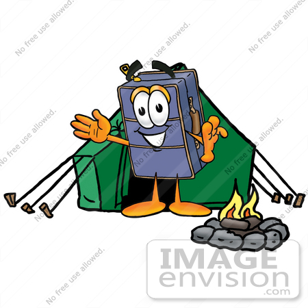 #26504 Clip Art Graphic of a Suitcase Luggage Cartoon Character Camping With a Tent and Fire by toons4biz
