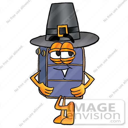 #26505 Clip Art Graphic of a Suitcase Luggage Cartoon Character Wearing a Pilgrim Hat on Thanksgiving by toons4biz