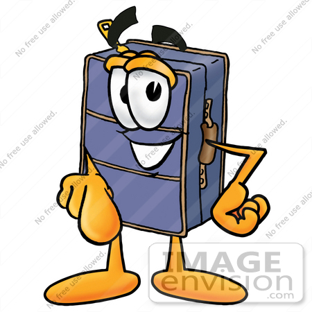 #26507 Clip Art Graphic of a Suitcase Luggage Cartoon Character Pointing at the Viewer by toons4biz