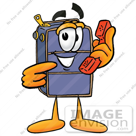 #26509 Clip Art Graphic of a Suitcase Luggage Cartoon Character Holding a Telephone by toons4biz