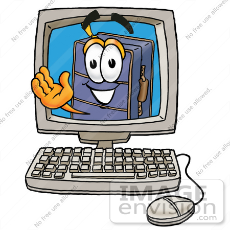 #26511 Clip Art Graphic of a Suitcase Luggage Cartoon Character Waving From Inside a Computer Screen by toons4biz