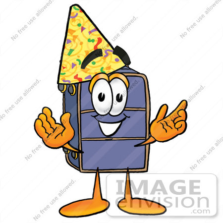 #26513 Clip Art Graphic of a Suitcase Luggage Cartoon Character Wearing a Birthday Party Hat by toons4biz