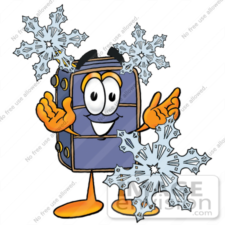 #26514 Clip Art Graphic of a Suitcase Luggage Cartoon Character With Three Snowflakes in Winter by toons4biz