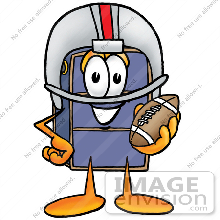 #26515 Clip Art Graphic of a Suitcase Luggage Cartoon Character in a Helmet, Holding a Football by toons4biz