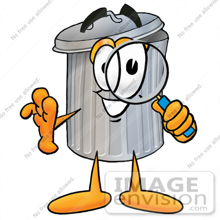 #26516 Clip Art Graphic of a Metal Trash Can Cartoon Character Looking Through a Magnifying Glass by toons4biz